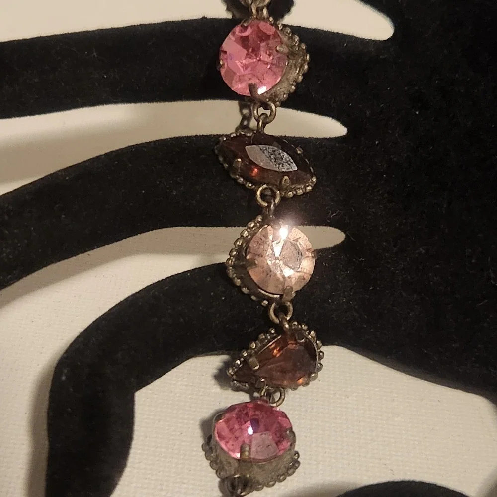 Vintage Style Pink purple Rhinestone Toggle Link Bracelet‎ Antiqued Silver Tone
